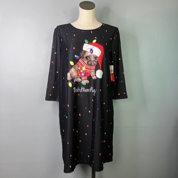 Dress Works Bah Hum Pug Christmas Holiday Scrooge Dog Festive Lights Dress Sz M - Picture 1 of 15
